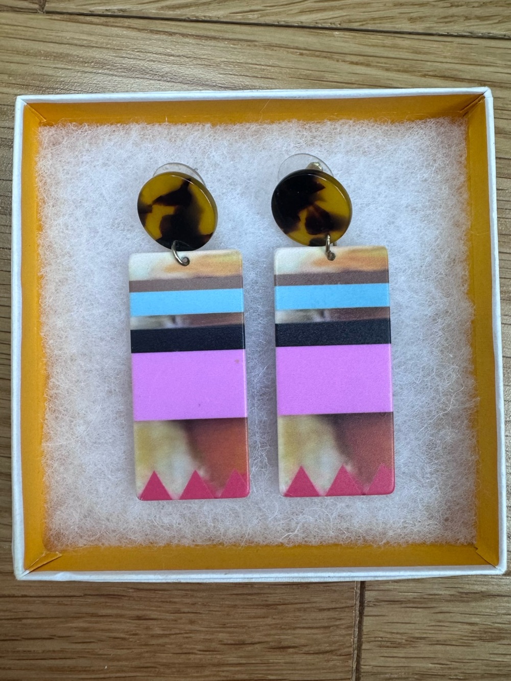 Colorblock Pink & Tortoiseshell Rectangular Drop Earrings